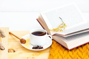 Ahşap sonbahar arka planında sıcak bir eşarpla kaplanmış aromatik sıcak tarçın çayı. Ballı balım. rahatça kitap okuyabilirsiniz