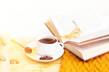 Ahşap sonbahar arka planında sıcak bir eşarpla kaplanmış aromatik sıcak tarçın çayı. Ballı balım. rahatça kitap okuyabiliyorum. gün ışığı