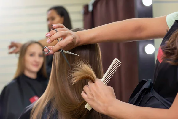 Vrouwen Kapper Schoonheidssalon Professionele Stylist Knipt Vrouwelijk Haar Salon — Stockfoto