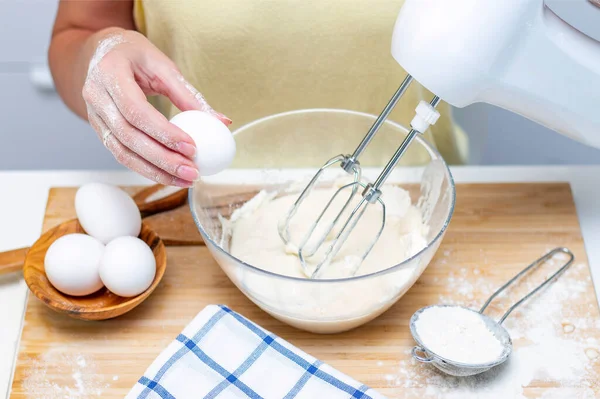 Making Dough Bread Homemade Baked Goods Ingredients Desk Female Hands — Stock Photo, Image