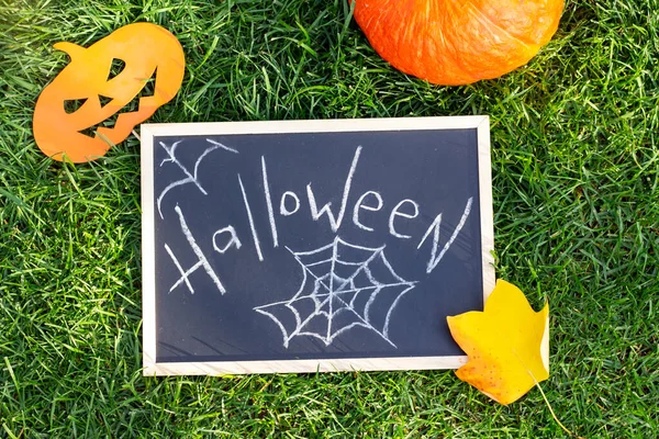 Halloween holiday. Pumpkins, sign with the inscription: Halloween. Background