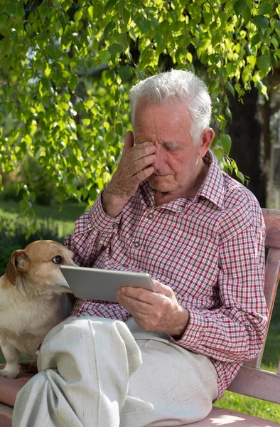 悲伤的老人与他的狗坐在花园的长凳上 看着片剂和哭泣 — 图库照片