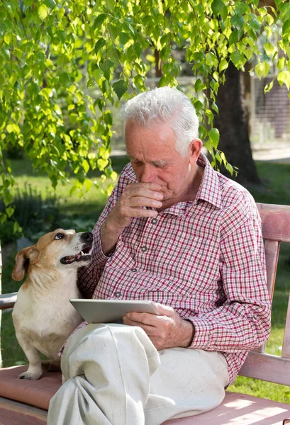 庭のベンチに座って タブレットを見て 泣いている愛犬と悲しいの年配の男性 — ストック写真