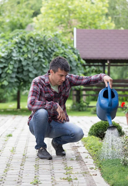 Bonito Homem Regando Flores Jardim Conceito Enfermagem Vegetal — Fotografia de Stock