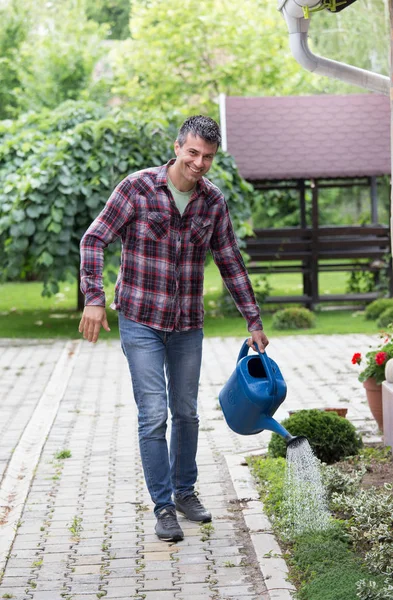 Handsome Man Watering Flowers Garden Plant Nursing Concept — Stock Photo, Image