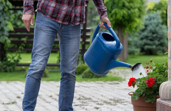 Handsome Man Watering Flowers Flower Pots Garden Plant Nursing Concept — Stock Photo, Image