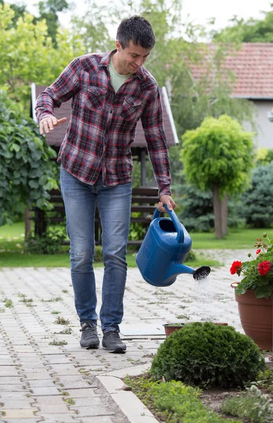 Jóképű Férfi Virágok Kert Locsolás Növényi Ápolási Koncepció — Stock Fotó