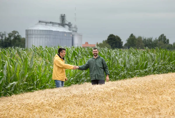 Dois Agricultores Apertando Mãos Campo Soja Início Verão — Fotografia de Stock