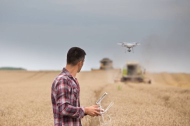 Arkadan Görünüş yakışıklı çiftçinin dron yukarıdaki sürüş elinde uzaktan kumanda ile birleştirmek biçerdöver buğday hasat sırasında