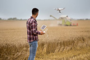 Yakışıklı bir çiftçi dron yukarıdaki sürüş elinde uzaktan kumanda ile birleştirmek biçerdöver buğday hasat sırasında