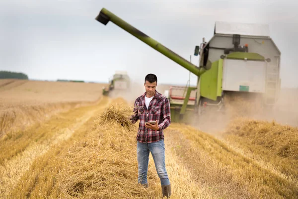 Handsome Farmer Tablet Standing Front Combine Harvester Harvest Field — Stock Photo, Image
