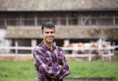 Çapraz kolları simmental inek ve çiftlikte kulübeler önünde ayakta olan kendine güvenen yakışıklı çiftçi