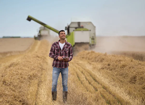 Mosolygó Csinos Farmer Tabletta Álló Előtt Kombájn Betakarításkor Területén — Stock Fotó