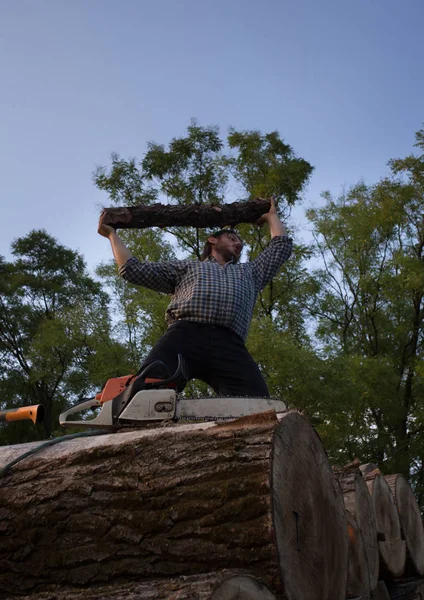 山の上の木のログを上げる若い強力な木こりのローアングル — ストック写真