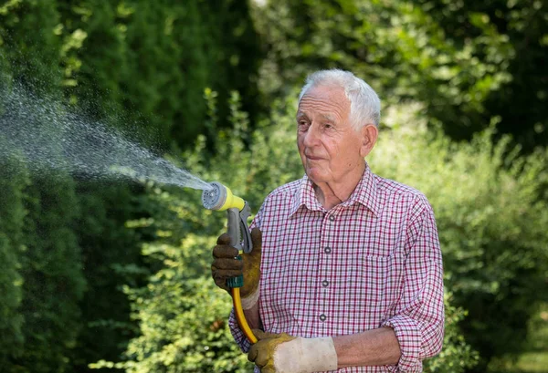 Homem Sênior Regando Plantas Jardim Com Pistola Mão Mangueira Cuidando — Fotografia de Stock