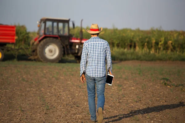 Rückansicht Landwirt Mit Tablet Und Strohhut Vor Traktor Mit Anhänger — Stockfoto