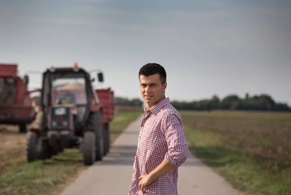 Portrait Handsome Farmer Standing Front Combine Harvester Tractor Soybean Field — Stock Photo, Image