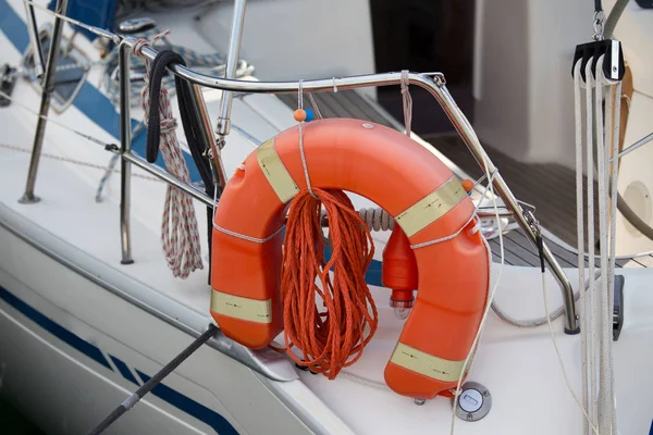 Close Lifeguard Buoy Tied Railing Yacht — Stock Photo, Image