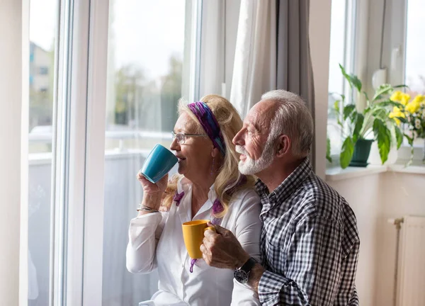 Szczęśliwa Para Starszych Stojący Obok Okna Picie Herbaty — Zdjęcie stockowe