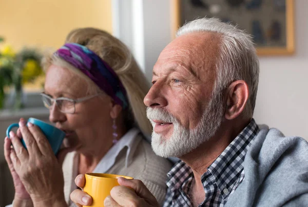 Happy senior couple drinking tea covered with blanket at home