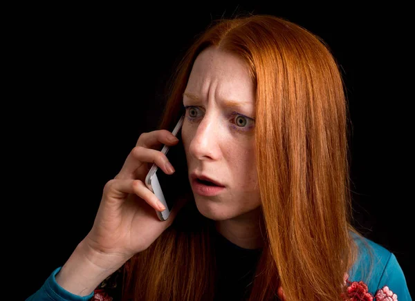 Shocked Young Girl Red Hair Talking Mobile Phone — Stock Photo, Image