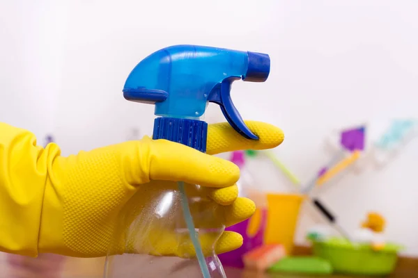 Close House Keeper Hand Spray Bottle Cleaning Equipment Floor Background — стоковое фото