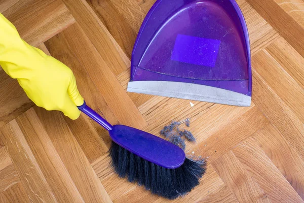 Top View Hands Protective Gloves Sweeping Dirt Parquet Floor Dust — Stock Photo, Image