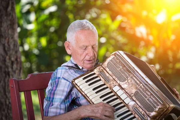 Anciano Tocando Acordeón Banco Jardín — Foto de Stock