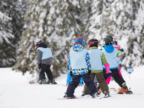 Rear View Young Children Learning Skiing Mountains — Stock Photo, Image