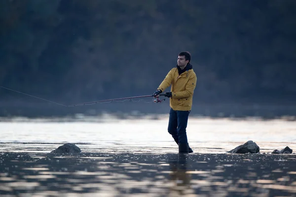 Young Man Fishing River Coast Cold Morning — Stock Photo, Image