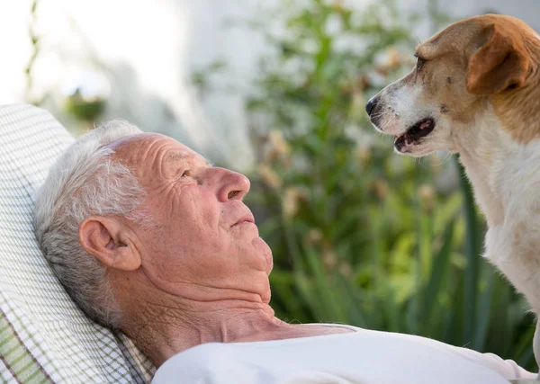 Anciano Descansando Jardín Con Perro Pecho — Foto de Stock