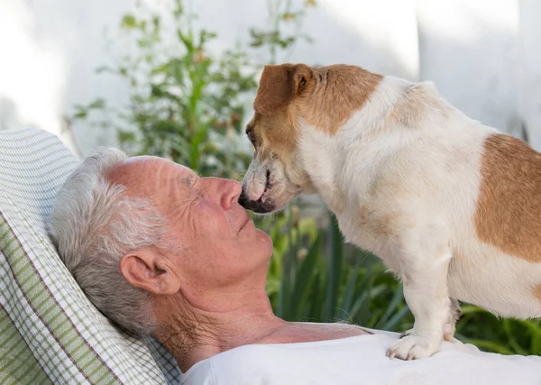 Oudere Man Zijn Borst Rusten Tuin Met Hond — Stockfoto