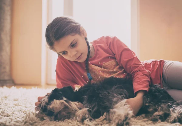 Menina com cão no tapete — Fotografia de Stock