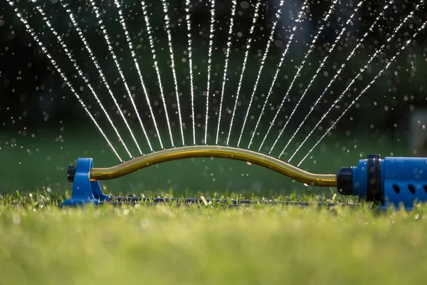 Irrigation system on grass field in garden — Stock Photo, Image
