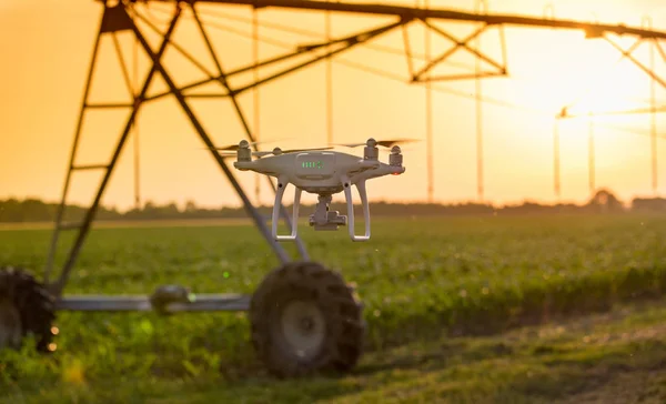 Drone terbang di depan sistem irigasi di lapangan saat matahari terbenam — Stok Foto
