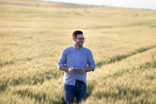 Landwirt mit Tablet im Gerstenfeld — Stockfoto