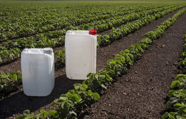 Kanister mit Pestiziden im Feld — Stockfoto