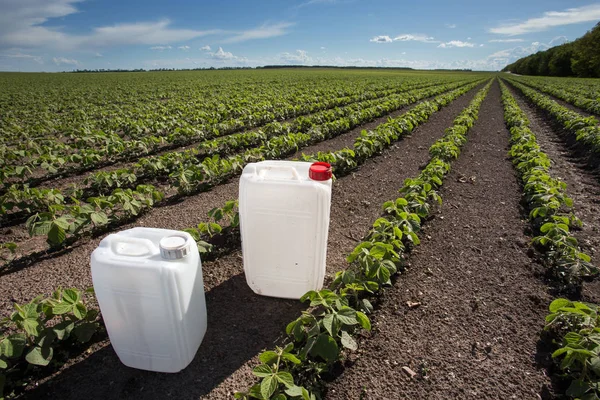 Canisters with pesticides in field — Stock Photo, Image