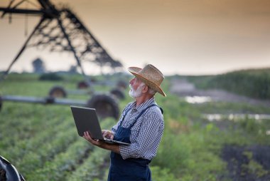 Tarlada sulama sistemi önünde dizüstü bilgisayar ile Çiftçi