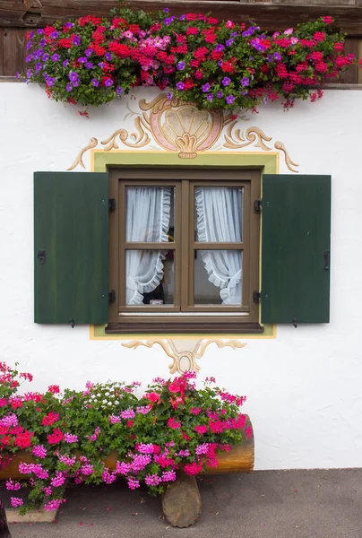 Fenster und Blumen an der Außenwand — Stockfoto