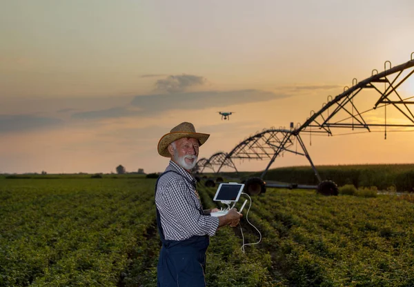 Farmer with drone in field with irrigation system — Stock Photo, Image