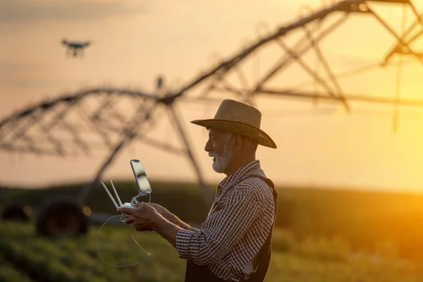 Landwirt mit Drohne auf Feld mit Bewässerungssystem — Stockfoto