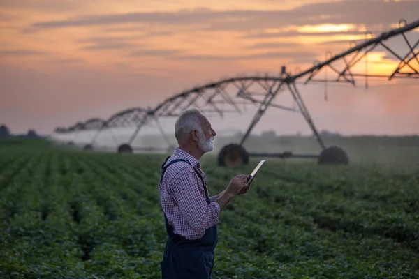 Agricoltore con impianto di irrigazione — Foto Stock