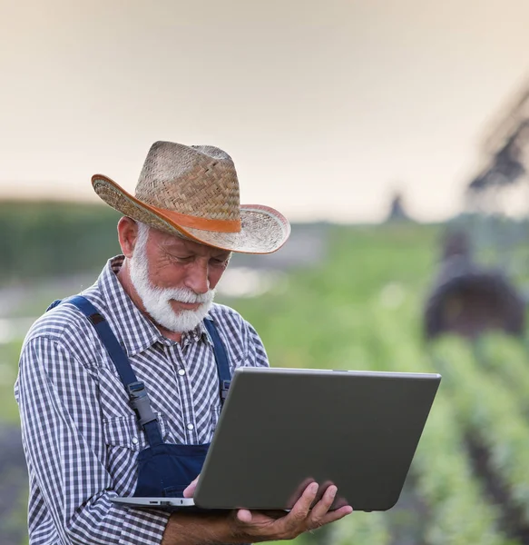 Agricoltore con computer portatile di fronte al sistema di irrigazione in campo — Foto Stock