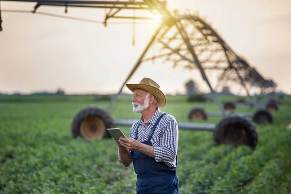 Zemědělec s tabletem před zavlažovacím systémem v terénu — Stock fotografie