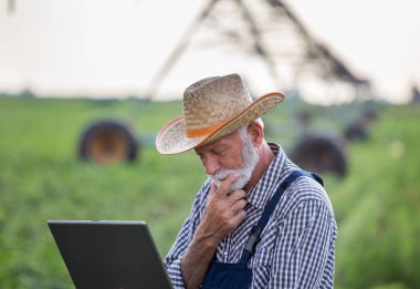 Tarlada sulama sistemi önünde dizüstü bilgisayar ile Çiftçi
