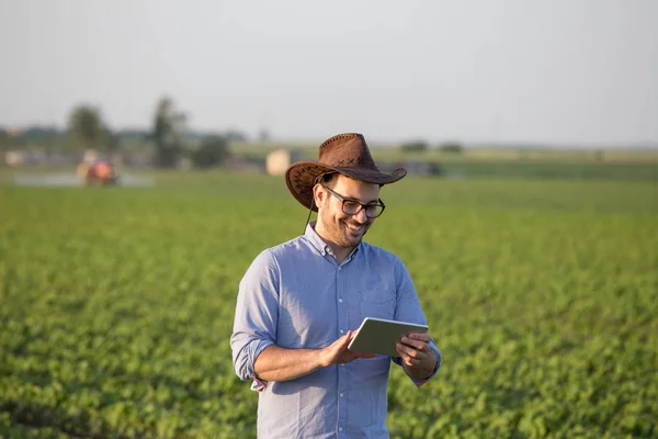 Agricultor com tablet em campo de soja — Fotografia de Stock