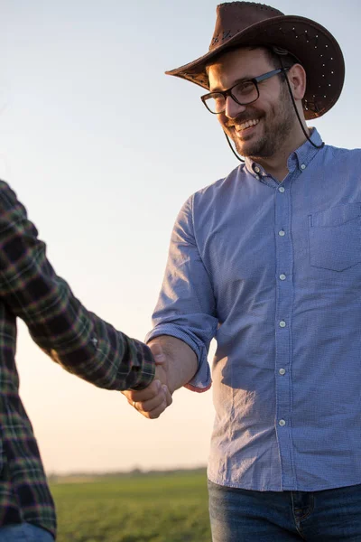 Agricoltori che stringono la mano sul campo — Foto Stock