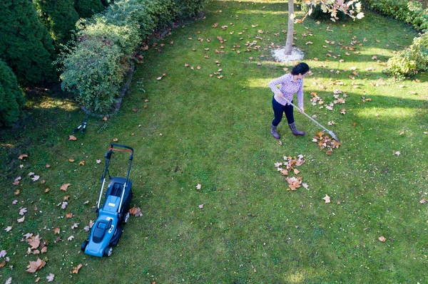 Mujer rastrillando hojas y recortando césped — Foto de Stock