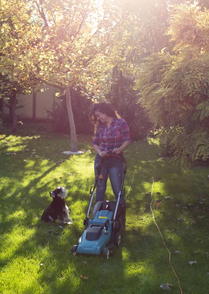 Mujer y perro cortando césped en el jardín —  Fotos de Stock